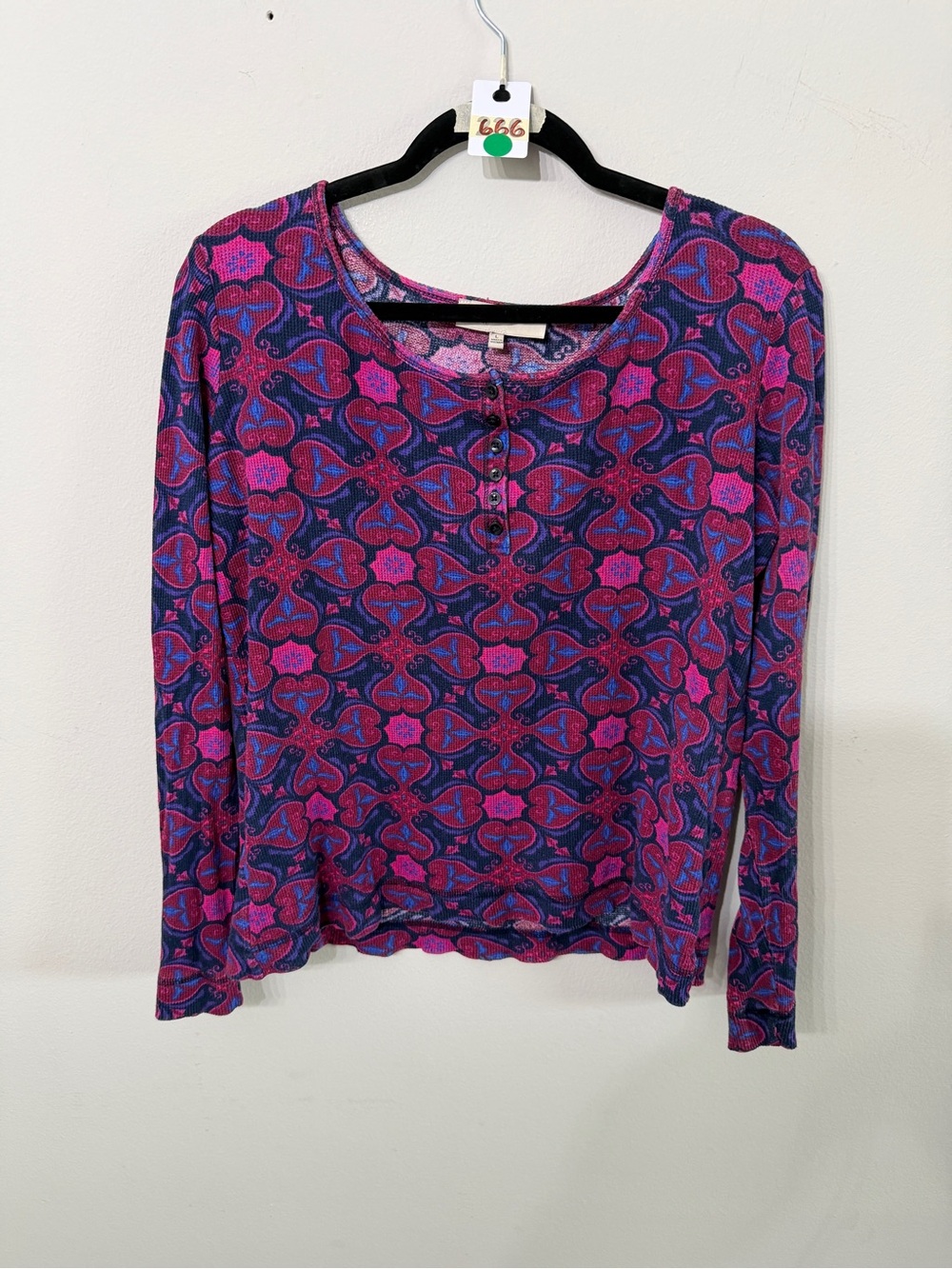 Women’s Jones New York Pink and Blue Long-Sleeve Scoop Henley Size Large